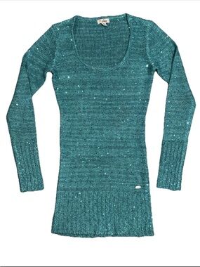Guess Y2K L/S Long Body Matilda Sequined Coquette Sweater Sparkling Teal SZ.S